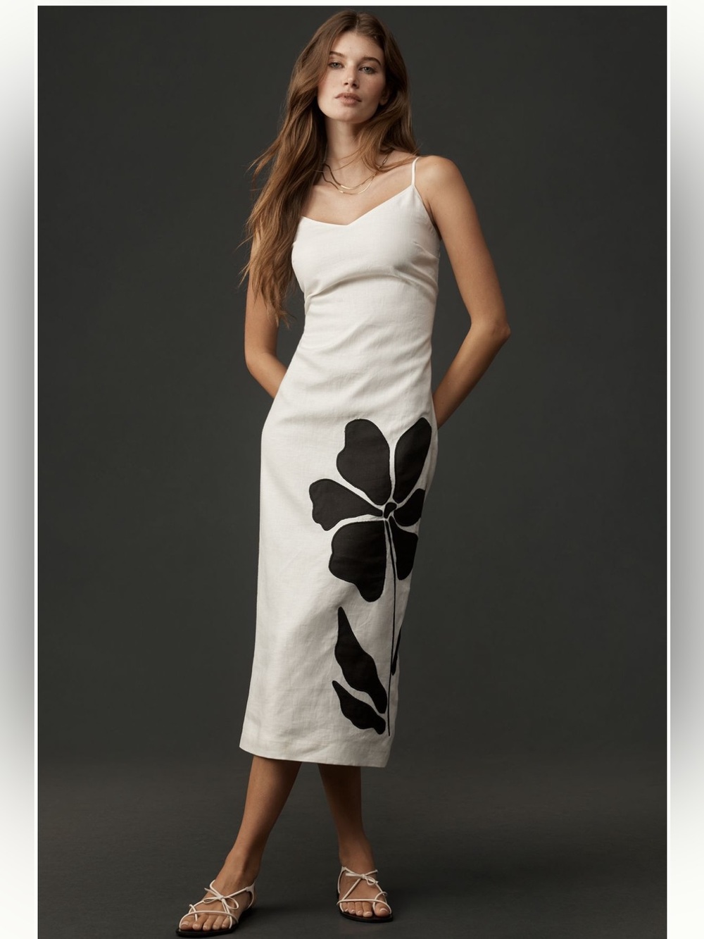 Anthropologie Cream Slip Midi Dress with Black Floral Print